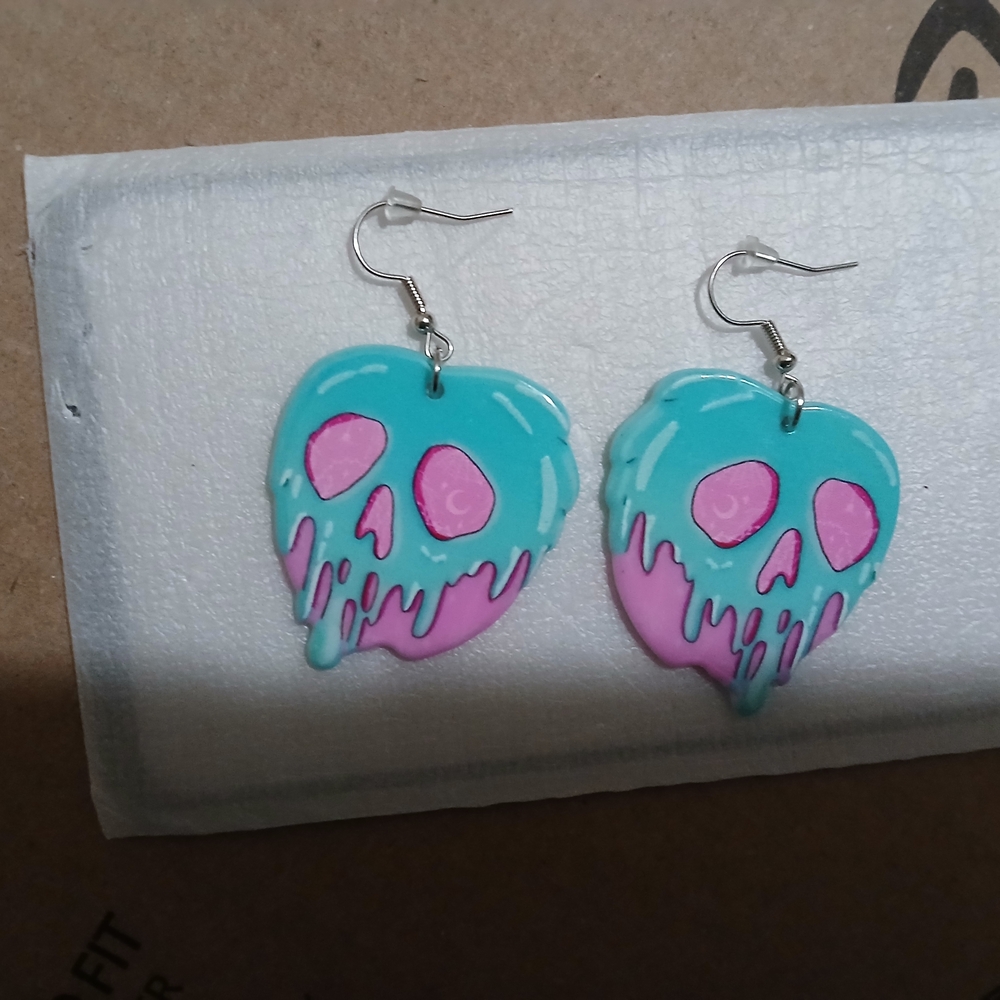 Teal and Pink Dripping Skull Earrings